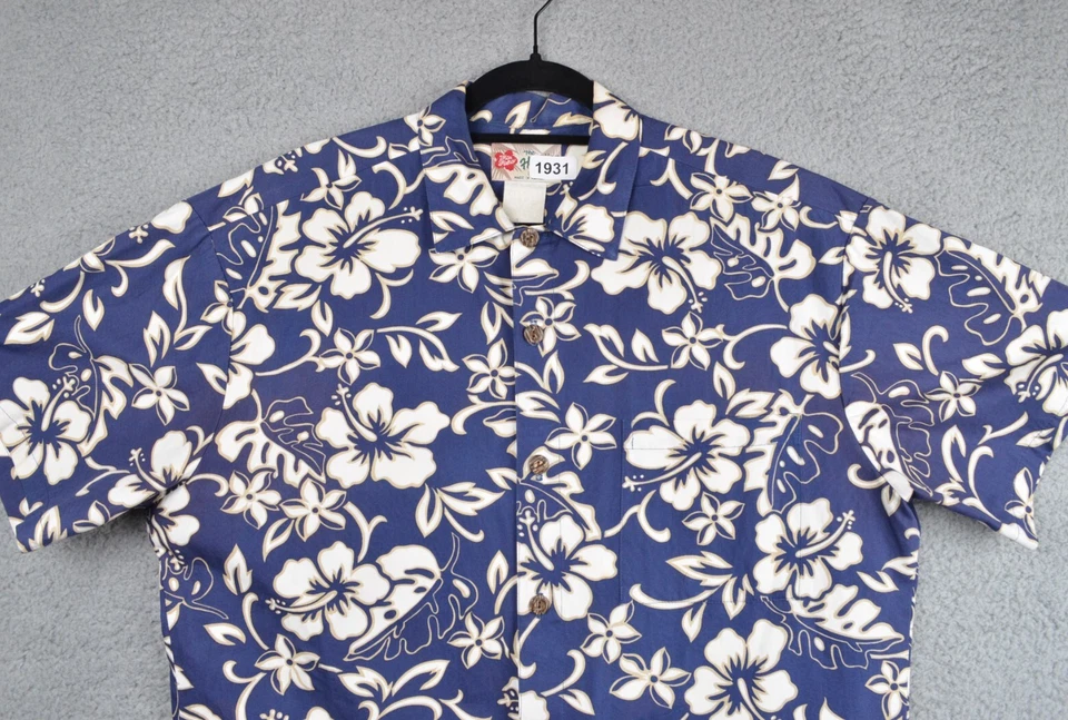 Винтажная гавайская рубашка Hilo Hattie мужская большая синий гибискус сделано в США - Изображение 4 из 4