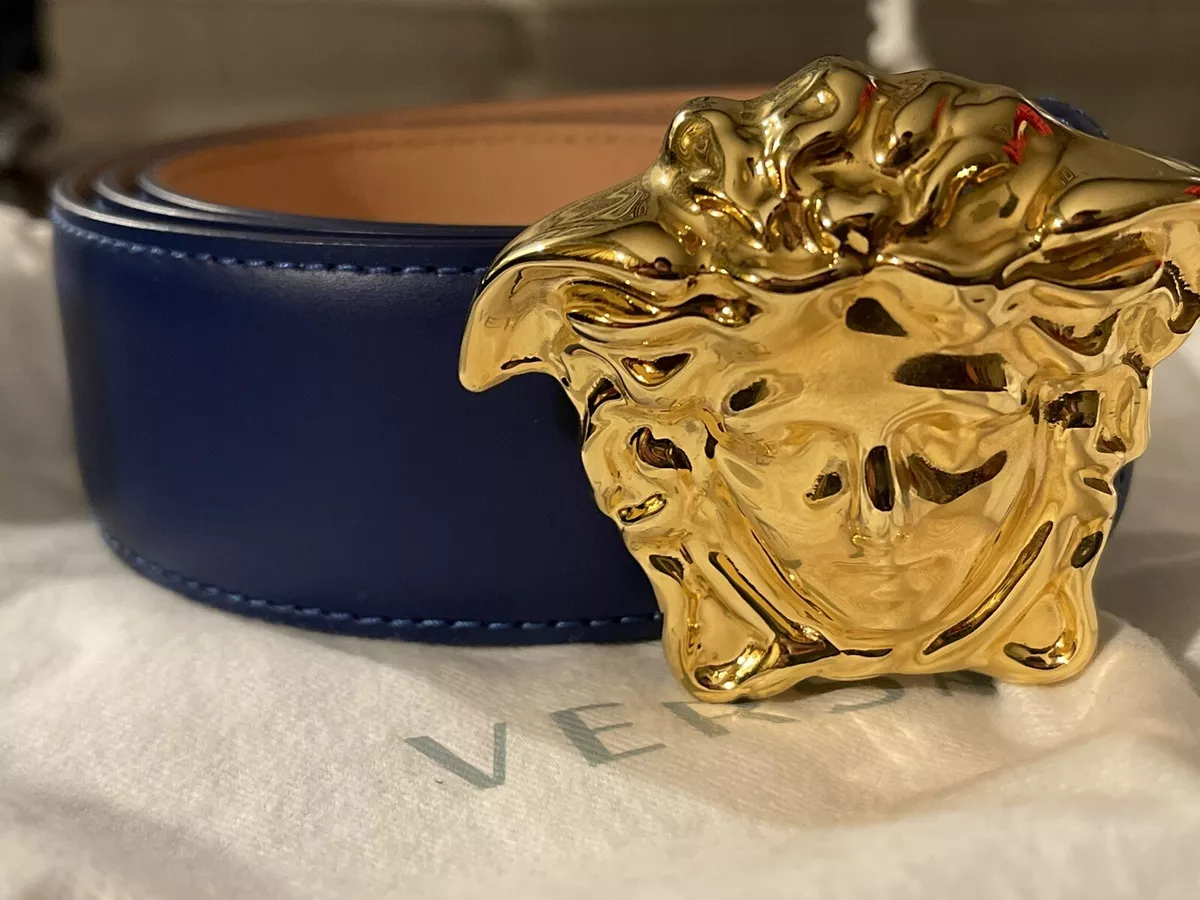 NEW Authentic Versace Men's Blue Baroque Leather Medusa Buckle Belt Size 32