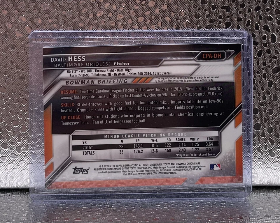 2016 Bowman Chrome 1st David Hess Orioles Auto - Image 2 of 2