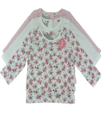 Ex Store Girls 3 Pack Pink Cream Floral Flower Tops Age 3 6 9 12 Months