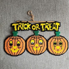 VTG Halloween Needlepoint Trick or Treat Hanging Wall Art Decor Handmade 11x20"