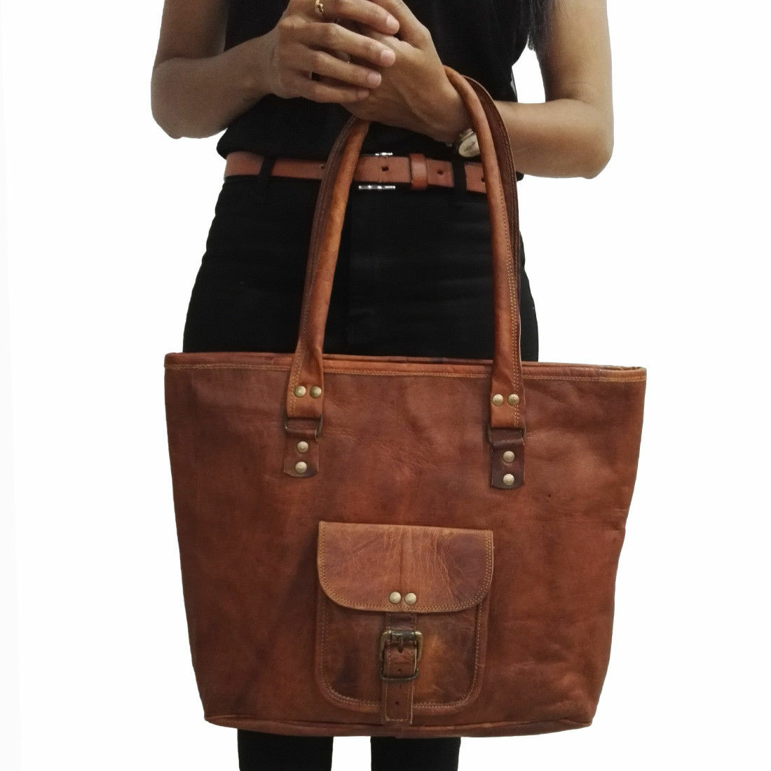 Vintage Genuine Leather Tote Bag Women Brown Shoulder Handbag Work Travel Purse