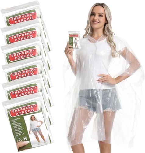 6/12 Pack Disposable Rain Ponchos Family Pack for Adults - Emergency Rain Poncho