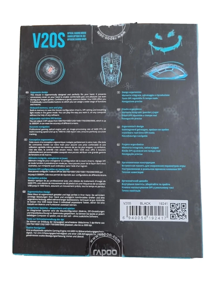 Rapoo V20S Wired Gaming Optical Mouse Easy Grip Black and Neon Blue - Image 2 of 4
