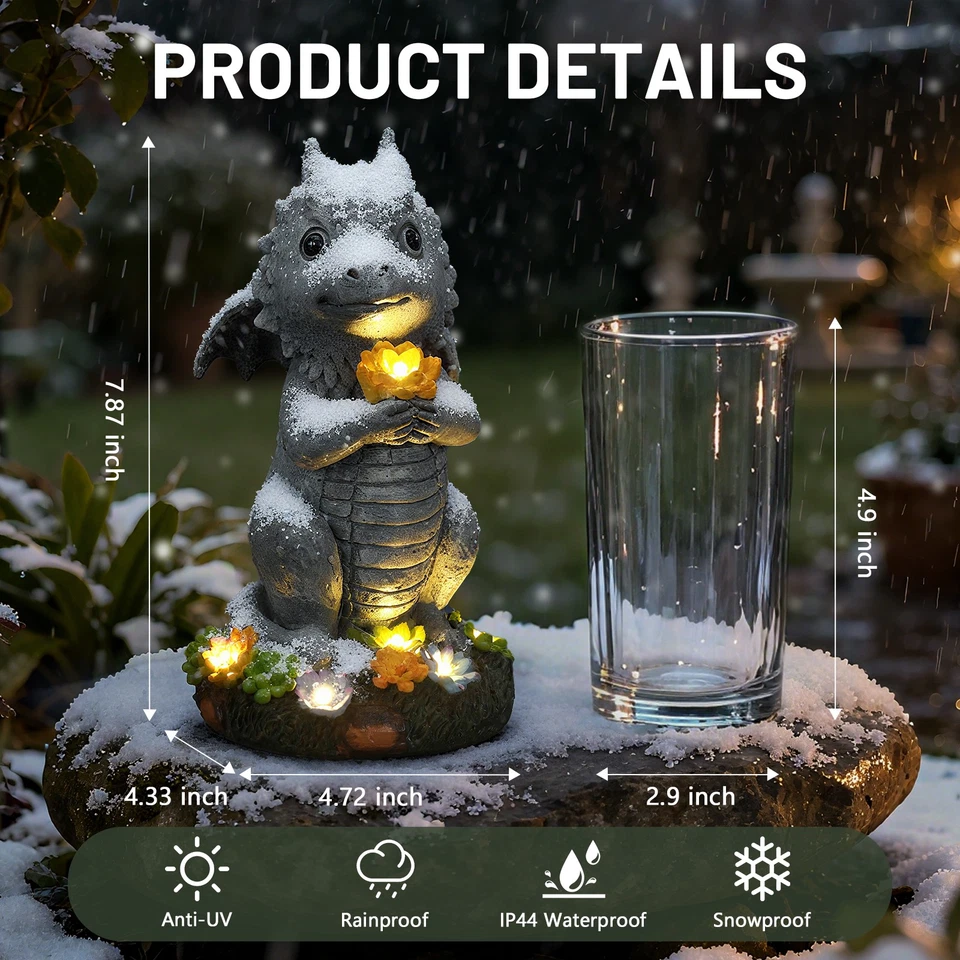 Jardín Solar Exterior Estatuas Dragón Sosteniendo Flor con Luces LED Solares - Césped Foto 2 de 4