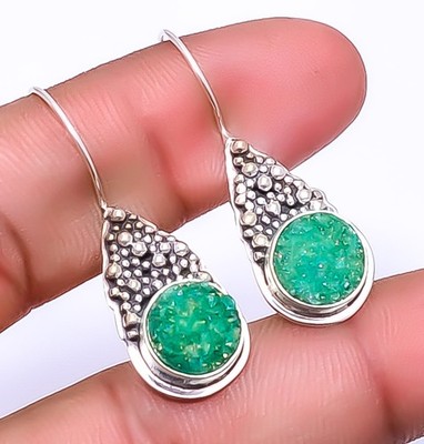 Titanium Green Quartz Druzy - India Handmade 925 Sterling Silver Earring 1.56''E8