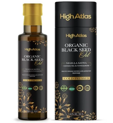 HIGHATLAS Organic Black Seed Oil 100ml, Up to 6X% Strength Thymoquinone, Cold Pressed