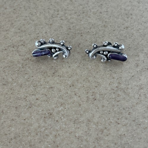 Orecchini Messico argento deco modernista argento sterling ametista retro a vite Taxco? - Foto 3 di 7