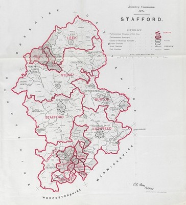 Staffordshire Parliamentary County. GRENZKOMMISSION. Schließen 1917 alte Karte