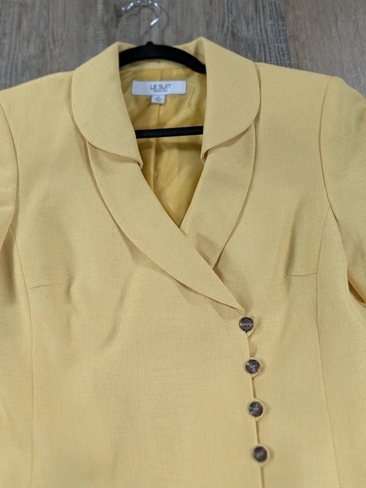 Chaqueta Blazer Le Suit Mujer 12 Amarilla Manga Corta Botón Preppy Oficina Foto 3 de 4