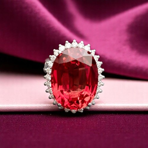 Oval Cut 21.00 Ct Natural Diamond Lab Grown Red Sapphire Platinum Wedding Ring - Picture 3 of 16