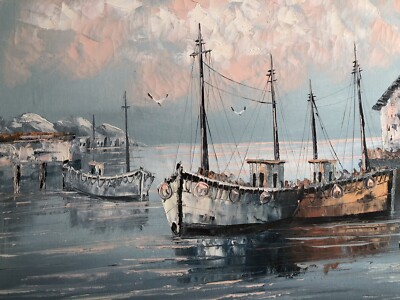 Artist W . Jones Harbor Scene Fishing Boats Oil Painting 24