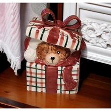 Fitz and Floyd Plaid Teddy Bear Christmas Trinket Lidded Box Vintage Adorable 