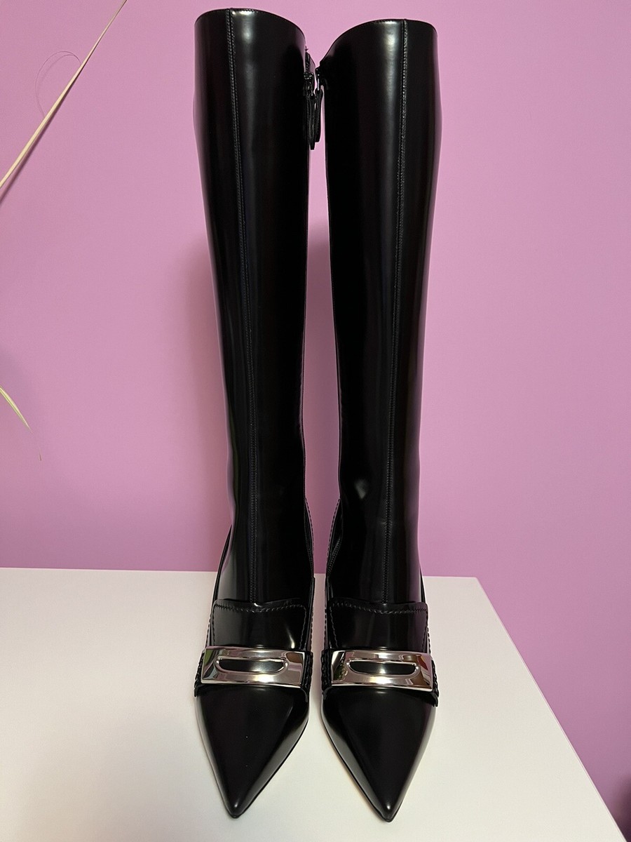 Alexander Mcqueen Embellished Glossed Leather knee boots