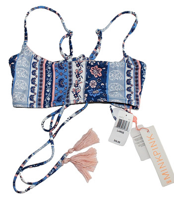 MINKPINK Size L Lace Up Back String Floral Bikini Swim Top