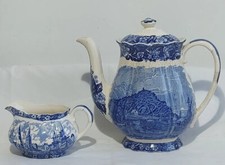 CAFETIERE & CREMIER FAIENCE ANGLAISE BLEUE PALISSY POTTERY STAFFORDSHIRE