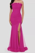 Blondie Nites Women's Juniors' Pink Ruffle Ruched Strapless Mesh Dress Size 3
