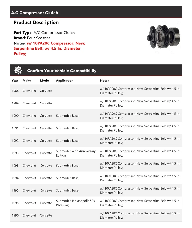 Embrague compresor aire acondicionado Chevrolet Corvette 1988-1996 4 estaciones 1989 1990 1991 Foto 2 de 4