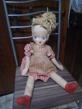 Large Antique 24" Soft Fabric Body Paper Mache Head Hand Painted Face Yarn Hair