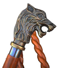 Antique wolf Animal Handle brown wooden spiral Curved Vintage Walking Stick cane