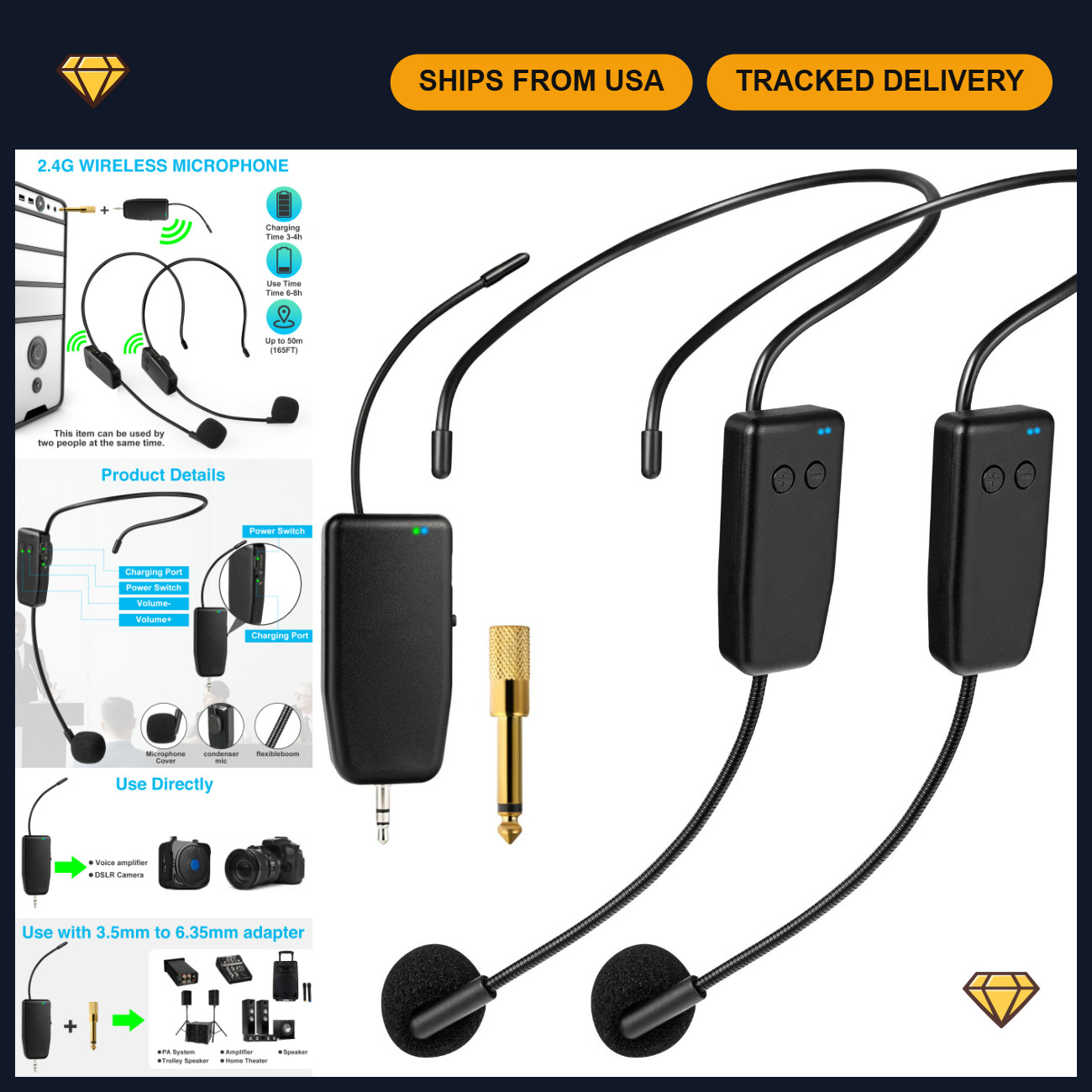 Dual Wireless Microphone System for 2, 160ft Range, Headset Mics for Karaoke, PA