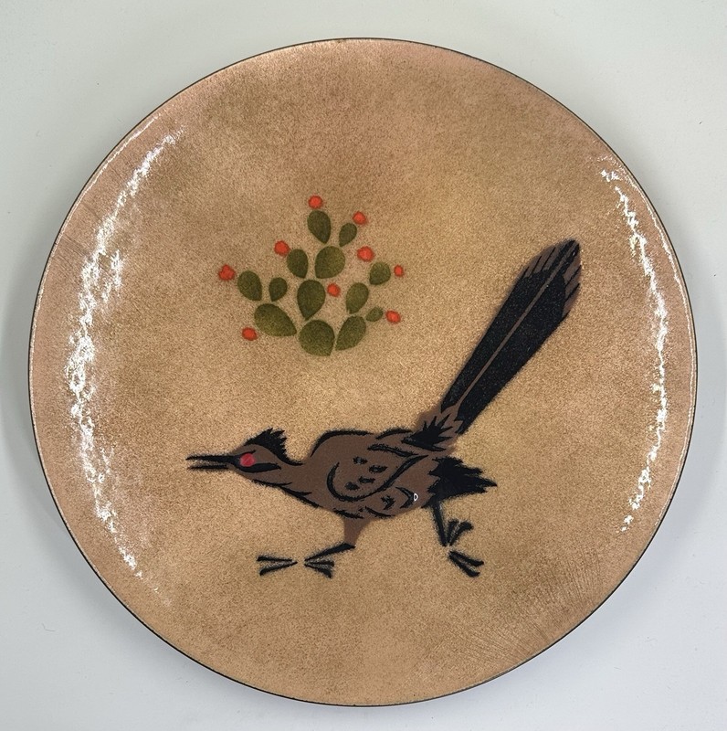 Annemarie Davidson Enamel On Copper Roadrunner Plate. 9” Diameter