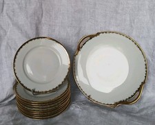 Service à gâteau en porcelaine de Limoges blanc et or