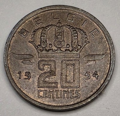 1954 Belgium 20 Centimes - Dutch Text - Circulated Belgian Bronze World Coin