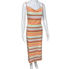 Roxy Striped Slip Midi Dress Beach Vacation Resortwear Summer Side Slit Womens M