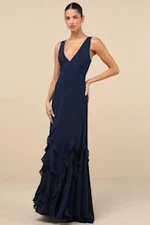 Lulus Women Alorna Sleeveless Ruffled Maxi Dress Dark Navy Large