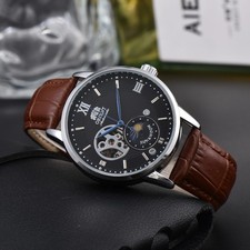 Orient Sun & Moon Semi Skeleton Automatic Men's Watch Leather Strap Xmas Gift