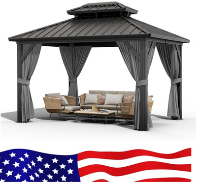 10x12 ft Double Roof Hardtop Gazebo, Heavy Duty Galvanized Steel Pavilion with N