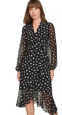 Tommy Hilfiger Women's Black White Sleeveless Dot-Print Faux-Wrap Dress Size 6