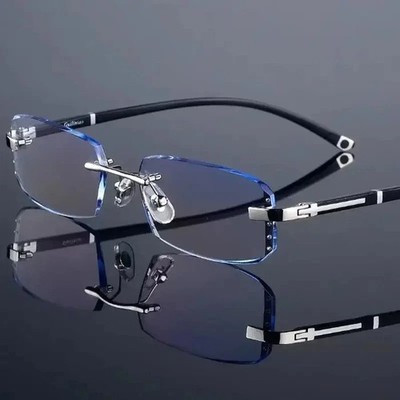 Photochromic Gunmetal Progressive Rimless Reading Glasses Anti-blue Magnifier