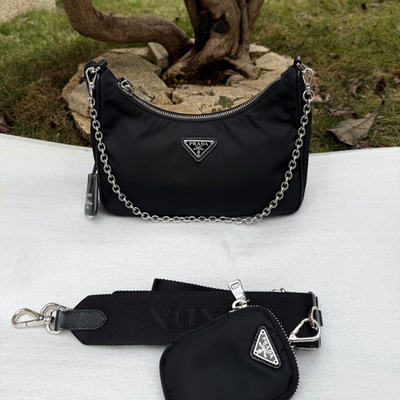 Prada Nylon Hobo Chain Shoulder Bag Crossbody Black Silver Women