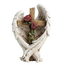 12" Angel Wings Embracing Cross and Garden Statue Memorial Statue for Rose
