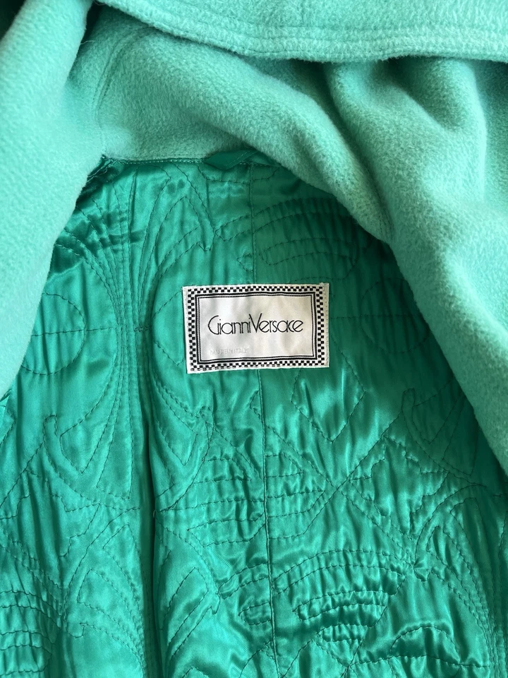 Vintage 80’s Versace Wool Alpaca turquoise Woman’s Hooded Over Coat Size L/XL - Image 3 of 4