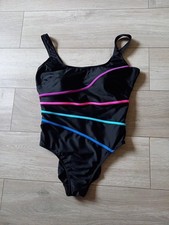 Black Multi Striped Strappy Swimsuit Stretch Low Back Scooped Neckline UK20