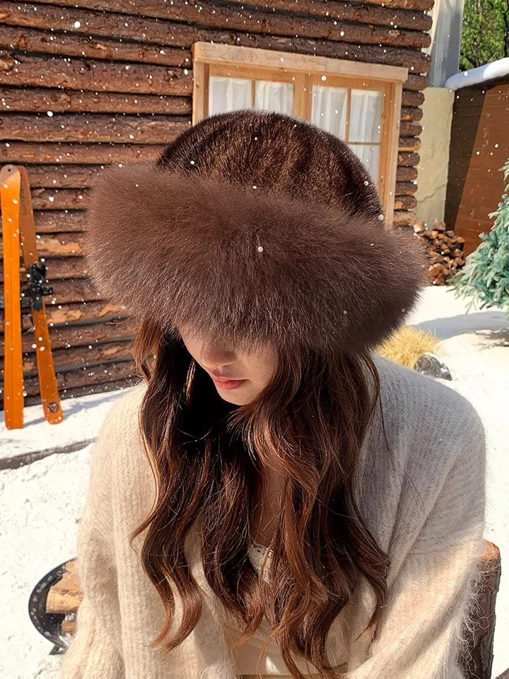 Sombrero de piel de visón real para mujer Sombrero de bombín Sombrero cálido Gorros Gorra de esquí con ala de piel de zorro Foto 3 de 4