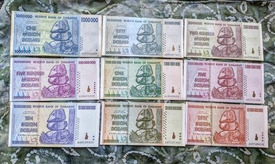 9pc Millions and Billions EX-UNCirculated 2008 Zimbabwe Dollars Trillions