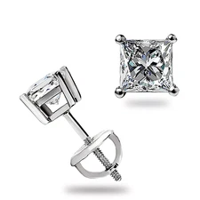 2Ct Princess Cut VVS1/ D Lab Created Stud Earrings 14K White Gold 7mm Screw Back