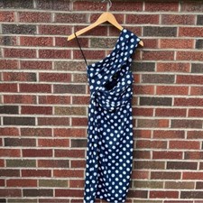 asos Navy Blue and White Polka Dot Asymmetrical Shoulder Midi Bodycon Dress