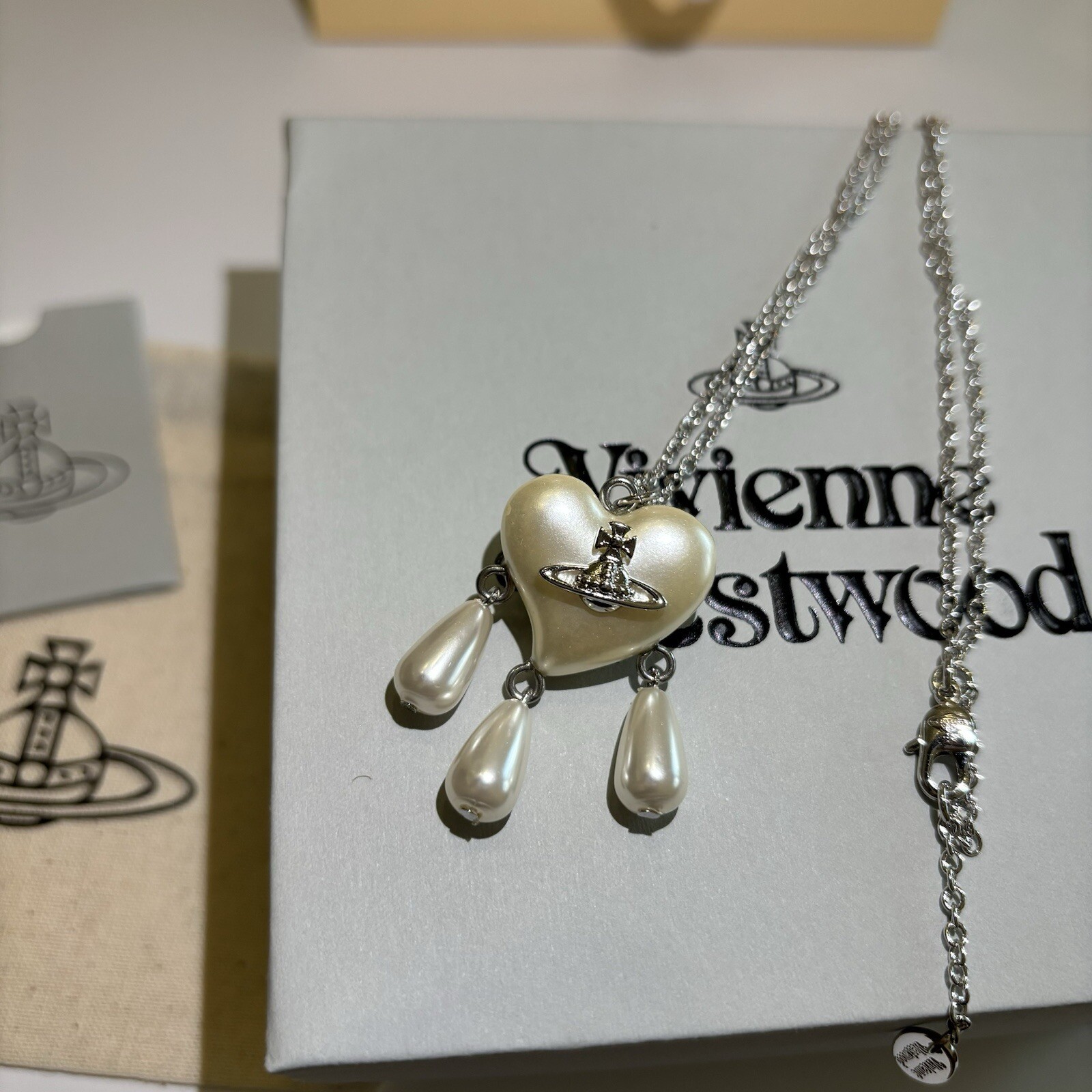 Vivienne Westwood Nana Dreamcatcher Pearl Drop Silver Necklace with Gift Box