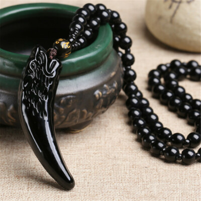 Men's Fashion Stone Black And Ice Obsidian Pendant Wolf Tooth