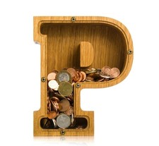 Montessori wood baby toy LETTER P piggy bank adult kids Coin bank for boys girls