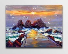Sea sunset landscape Original painting Realism Oil on canvas by E. Chernyakovsky