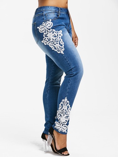 Lace Appliqued Pencil Jeans Fade Skinny 
