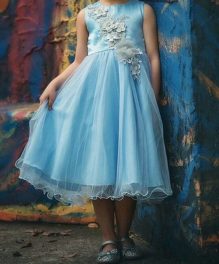 Baby Girl Powder Blue Flower Detail Dress For Party Wedding 6 12