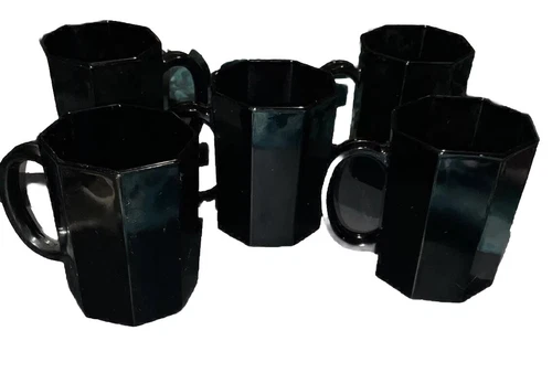 Arcoroc Octime Octagon Black Glass 5 Vintage 1980 Retro Coffee Mugs 4in Tall