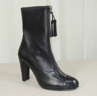 NEW STUART WEITZMAN Front Zip Slip-On Black Stretch Leather Bootie Heel Boot 7 M